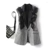 Women's Vests Spring Contrasting Lattice Suit Female Fashion Temperament Leisure Vest Coat Splicing Ruffled Edge Jacket