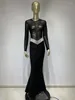 Casual Dresses Luxury Sexy See-through Long Sleeve Black Gauze Patchwork Bandage Dress Fashion Beading Slim Wrapping Hip