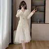 Casual Dresses High Quality Design Runway Dress 2024 Spring French Long-Sleeved V-Neck Single-Breasted Elegant Lace Woman