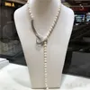 Chaînes nouées à la main 8-9mm naturel blanc collier de perles d'eau douce Micro incrustation Zircon accessoires longue chaîne de pull 80 cm bijoux de mode