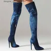 Stiefel binden gefärbte Denim Spleißen super hohe dünne heels seitenseite women stoots gemischte farbspitze