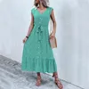 Casual Dresses 2024 Summer Women's V Neck Holiday Print Short Sleeve Lace Up A Line Chic Floral Dress for Women Fashion Midi