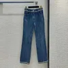 Женские джинсы, прямые женские карманы с высокой талией, металлические цепочки, украшения, синие повседневные джинсовые брюки для
