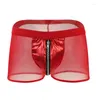 Cuecas de couro do plutônio com zíper de seda de gelo homens roupa interior boxers sexy fino transparente masculino confortável cor sólida boxershorts eróticos