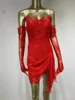 Robes décontractées Stock 2024 Femmes sexy rouge noir paillettes perles bretelles dentelle mini robe avec des gants soirée fête anniversaire célébrité bal