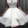 2021 New Lovely Short Lace Sleeveless Bridal Wedding Dresses Knee Length Illusion O Neck Wedding Gowns for Bride Cut Out Back