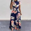 Lässige Kleider Frühling Blumenkleid Print Maxi mit Mock-Kragen Gürtel Taille Damen A-Linie Swing für Sommer-Knöchel