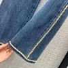 Kvinnors jeans raka kvinnor höga midja fickor metallkedjor dekoration blå casual denim byxor för