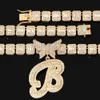 Baguette carrée de luxe, chaîne cubaine de Tennis, strass complets, lettre cursive papillon, 26 initiales, collier pour femmes, bijoux 240313