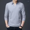 Homens camisetas Coreano Primavera Outono T-shirt V-Pescoço Lapela Moda Casual Solto Puro Algodão Manga Comprida Underlay Tops 2024