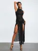 Casual Dresses Women'S Black Lace Long Dress Retro Sleeveless Round Neck Solid Color Tight Fitting High Slit Elegant