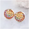 Stud Stud Fashion Drusy Druzy Earrings Stainless Steel 12Mm Mermaid Fish/Dragon Scale Pattern For Women Lady Jewelry Drop Delivery Dhw Dhkmw