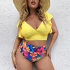 Costumi da bagno da donna Plus Size Maniche con volant Bikini a vita alta Scollo a V Push Up Costume da bagno grande 2024 Mujer Big Tummy Control