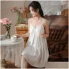 Mulheres sleepwear sling camisola vestido mulheres beleza volta sentido renda elegante pijama solto com almofadas de peito modal algodão branco homewear otkkt