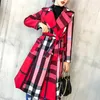 American Womens Autumn and Winter Plaid Lapel Mid Length Color Matching Retro Trench Coat Long Sleeve Coat Windbreaker 240311