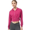 Camisas ativas com zíper bidirecional yoga fitness jaqueta de manga longa feminina ginásio treino com capuz solto topo de colheita treinamento ao ar livre elástico respirável