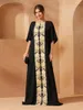Ethnische Kleidung Abaya für Frauen Ramadan Arabische Türkei Langes Kleid Golddruck Schwarz Mittelärmel O-Ausschnitt Dubai Gurban Morroccan Caftan