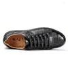 Casual Shoes Leather Men Business Board Black Flat Heel Low Top Solid Color Round Head Men's Sneakers