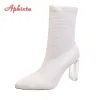 Sandals Aphixta New 9cm Transparent Square Heel Sock Boots Women Stripe Stretch Fabrics Kniting Pointed Toe Shoes Plus Size 42