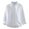 Мужские повседневные рубашки 2024, льняная рубашка с воротником-стойкой и длинными рукавами, белая, черная, мягкая, удобная, простая, весна-лето, однотонная