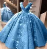 ブルーボールガウン2021 Quinceanera Dresses vネックアップリケレースプロムパーティーガウン15年コルセットバック6627535