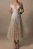 Modest Champagne Tea Length Mothe Dresses Elegant Off Shoulder A Line Backless Appliques Tulle Short Evening Prom Cocktail Gowns Plus Size BC16952