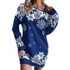 Casual Dresses Women Fall Winter Dress Hollow Out One Shoulder Loose Snowflake Print Color Matching Christmas Style Long Sleeve Above Knee