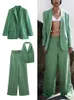 Zbza Womens Suit Vest Wide Leg Pants Three Piece Set Fashion Blazer Y2K Sexig Streetwear Vintage Green 240219