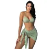 Mulheres Swimwear 3 PCS Mulheres Praia Banheira Terno de Natação com Maiô Envoltório Saia Halterneck Top e Bottom Dropship