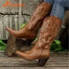 Boots Western Boots Pointed Toe Mid Calf Boots Autumn Winter 2023 Vintage Style Embroidery Boots Thick Heels Comfy Walking Lady Boots