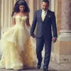 Lindo vestido de casamento amarelo renda uma linha apliques até o chão babado fora do ombro tule vestidos de baile vestidos de noiva