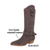 Boots LeShion Of Chanmeb Women Cow Suede Designer Dual Belt Buckle Western Cowboy Woman Maillard Brown Pointy Toe Shoes 40