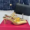 Womens High Heel Sandal Pointed Slippers Hollow Strap Patent Leather Golden Sandals Closed Half Toe Shoes 6cm Heels Slipper Stud Buckle Party Wedding Dress Shoes