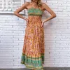 Casual Dresses Women Vacation Strappy Dress Sleeveless Shirring Printed Summer Sundress Ethnic Style A-line Hem Elastic Bust Maxi