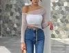 Damesblouses Blouse Top Casual dameskleding Mesh Sheer Crop Lente Zomer Solid Slim Pullover Skew Collar Lange mouw