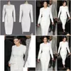 Casual Dresses Autumn Winter Long Sleeve White O Neck Belted Plain Dress Office Formal Women Sexig BodyCon Bandage Elegant Party Slim Dhsae