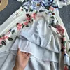 Partykleider Frühling Sommer Frauen V-Ausschnitt Lautsprecher Ärmel Lose Langes Kleid Vintage Hofstil Blumendruck Großer Saum Maxi