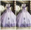 2021 섹시한 Quinceanera 볼 가운 드레스 라일락 레이스 아플리케 크리스탈 비즈 슬리빙 얇은 명주 그 사이즈 파티 파티 2729201