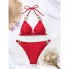 Mulheres Swimwear 2024 Sexy Bikini Swimsuit Mulheres Anel Ligado Halter Set Alta Perna Banheira Praia Natação Verão