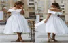 Simple Tealength Wedding Dresses Off the shoulder White Ivory Satin Aline Short Bride Gowns Beach Plus Size Cheap Wedding wear 5284877745