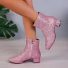 Boots 2023 New Ladies Ankle Boots Sequined Fashion Thick High Heels Women Round toe Winter Boots Silver Blue Female Chelsea Booties