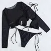 Dames badmode 2024 3 stuks set zwempak vrouwen touw vrouwelijke sexy micro bikini met crop tops zwart strandkleding badpak