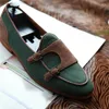 Casual Shoes Men Loafers Handmade Linen Round Toe Low Heel Suede Double Buckle Fashion Business Wedding Party