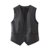 Women's Vests V-neck Button Imitation Leather Fine Cut Black Vest 2024 Autumn And Winter Casual Versatile