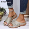 Sandaler Summer Wedge Shoes for Women Sandals Rhinestone Decor Orthopedic Open Toe Comfort Lady Slippers Pu Leather Platform Retro Shoes