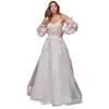 Romantico pavimento in tulle A Line Abiti da sposa 3D Applicazioni in pizzo floreale Sweetheart Corsetto Abiti da sposa lunghi con maniche staccabili