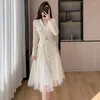 Casual Dresses High Quality Design Runway Dress 2024 Spring French Long-Sleeved V-Neck Single-Breasted Elegant Lace Woman