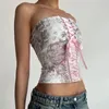 مضلعة Criss Cross Tie Up Corset Tops Indie رسومات طباعة أنبوب بدون حمال