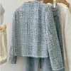 Damesjassen 2024 Herfst Winter Blauwe Tweed Gebreide Jas Franse Stijl Overjas Kleine Geurige Uitloper Pak Top Korte Jas