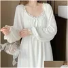 Kvinnor Sleepwear Nightgown Piece White Elegant Ruffles Dress Style Night Pyjamas Home Korean One Wear Autumn Lace Long Sleeve Drop Del Otcpj